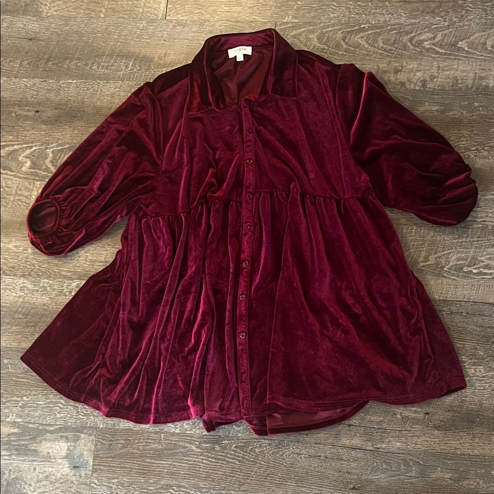 Velvet Burgundy Button-Up Blouse